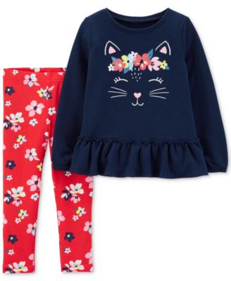 Carter's - Baby Girls 2-Pc. Cat Top & Floral-Print Leggings Set