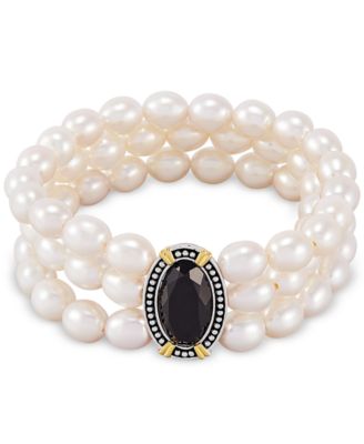 Macy's - Black Onyx (10 x 8mm) & Cultured Freshwater Pearl (7mm) Three Row Stretch Bracelet in Sterling Silver & 14k Gold-Plate