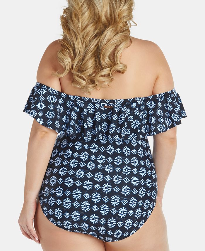 Raisins Curve Trendy Plus Size Juniors' Off-The-Shoulder One-Piece ...