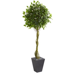 Nearly Natural 6' Ficus Artificial Tree In Slate Planter Uv Resistant In Green