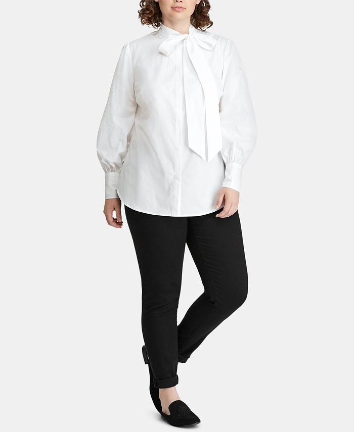 Ralph Lauren Women's Tie Neck Cotton Broadcloth Shirt White Size Large