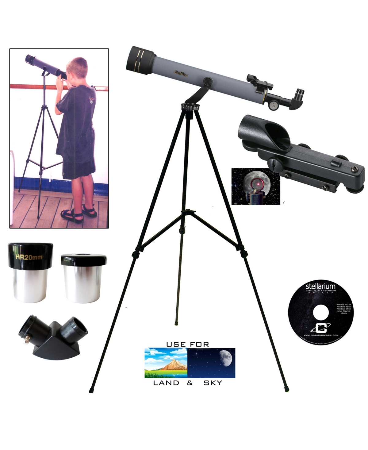 Cosmo Brands Galileo 600 X 50 Starter Telescope With Red Dot Finderscope And Stellarium Cd In Gray