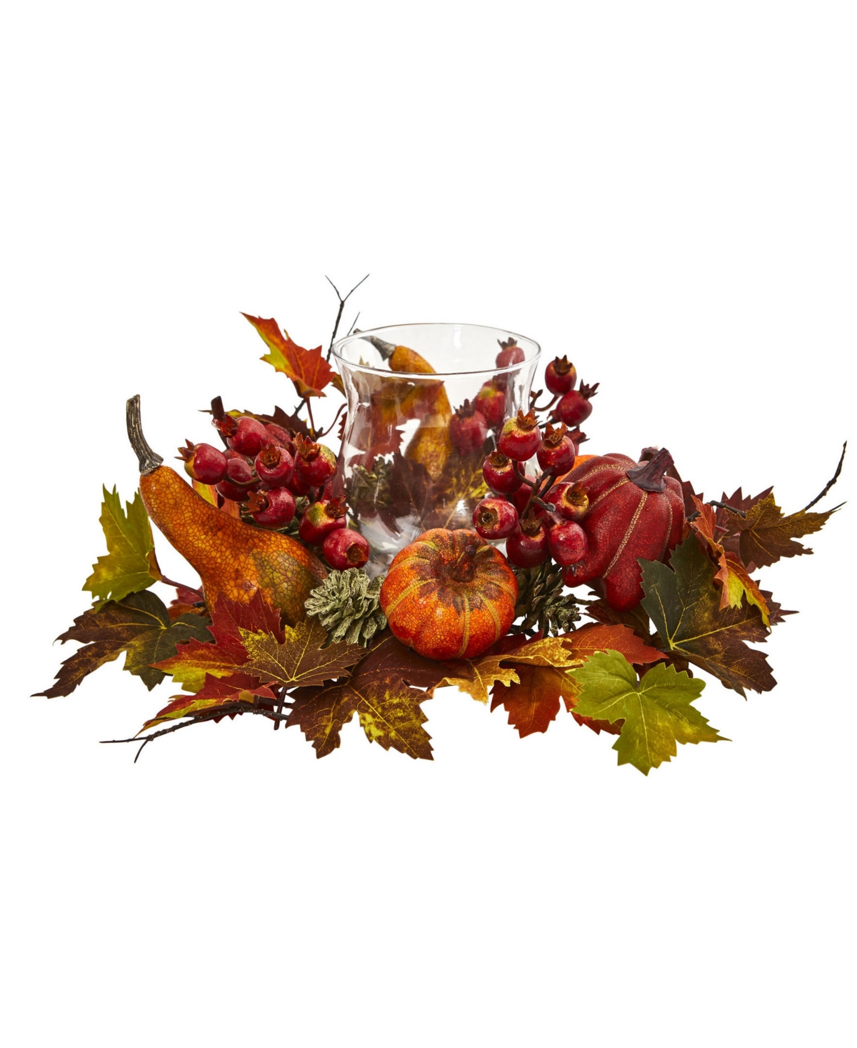 NEARLY NATURAL PUMPKIN, GOURD, BERRY AND MAPLE LEAF ARTIFICIAL ARRANGEMENT CANDELABRUM 