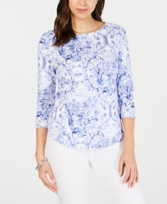Charter Club - Petite Cotton Printed Button-Shoulder Top, Created for Macy's