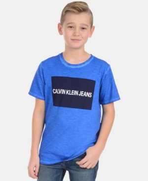 Shop Calvin Klein Big Boys Color-blocked Logo-print Cotton T-shirt In Prince Blue