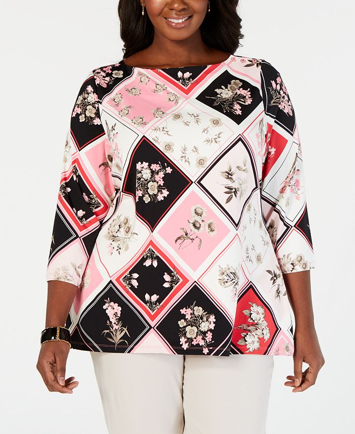 Charter Club Plus Size Printed Cotton 3/4-Sleeve Top, Created for Macy ...