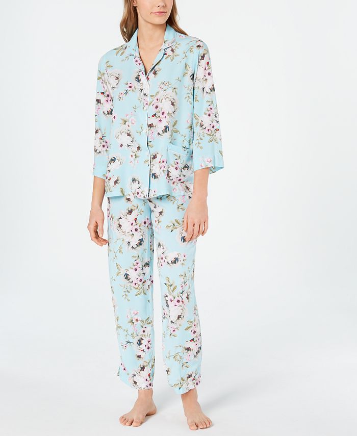 Miss Elaine Flower-Print Notch Collar Top and Pajama Pants Set - Macy's