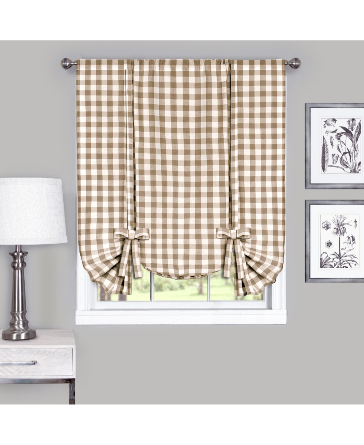 Achim Buffalo Check Window Tie Up Shade, 42" X 63" In Taupe