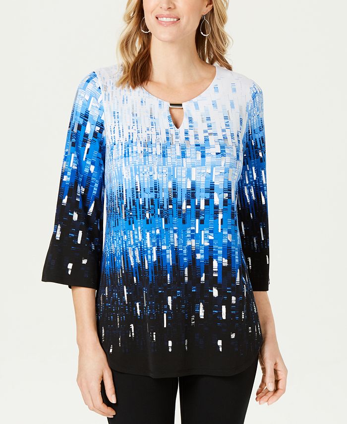 JM Collection Women's Rhinestone-Sleeve Keyhole Top Dark Blue Size Large