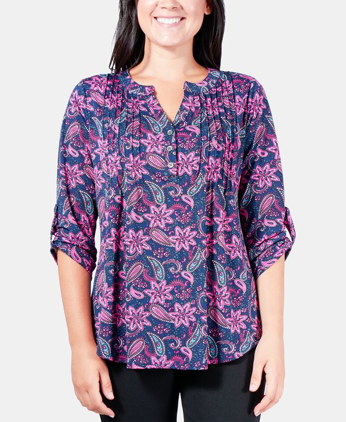 NY Collection FloralPrint Pleated RollTab Sleeve Top Macy's