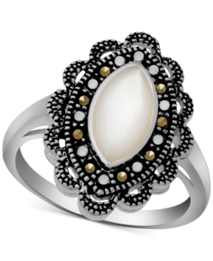 Marcasite & Mother-of-Pearl Antique-Look Ring in Fine Silver-Plate