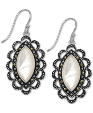 image of Marcasite & Mother-of-Pearl Drop Earrings in Fine Silver-Plate