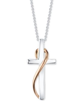 Unwritten - Two-Tone Cross Ribbon Pendant Necklace in Sterling Silver & Rose Gold-Flash, 18"