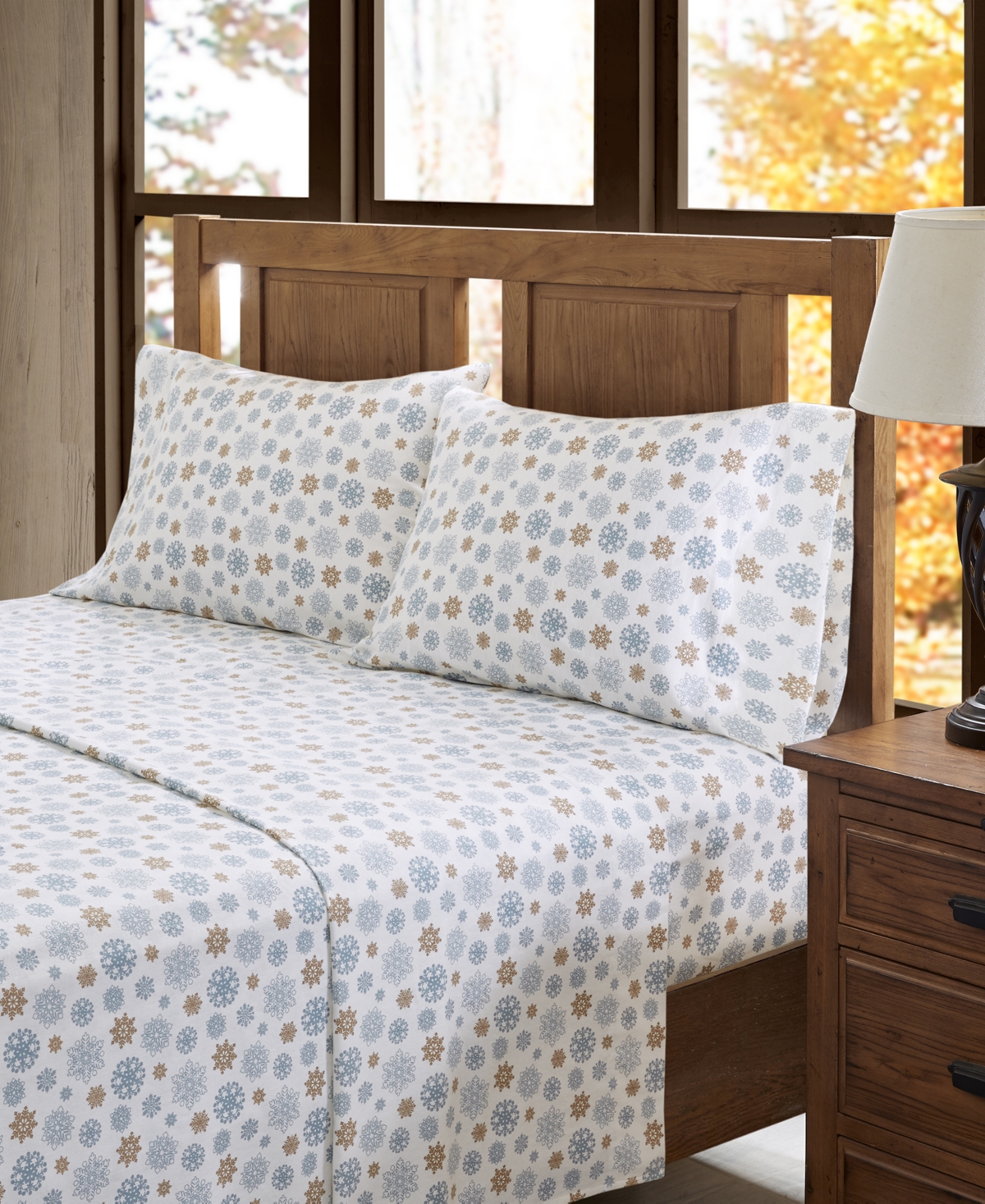 Sleep Philosophy True North By  Novelty Printed Cotton Flannel 4-pc. Sheet Set, Queen In Tan,blue Snowflakes