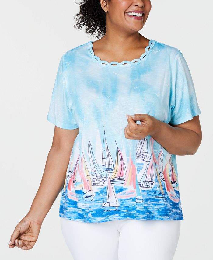 Alfred Dunner Plus Size Smooth Sailing Embellished Sailboat Top