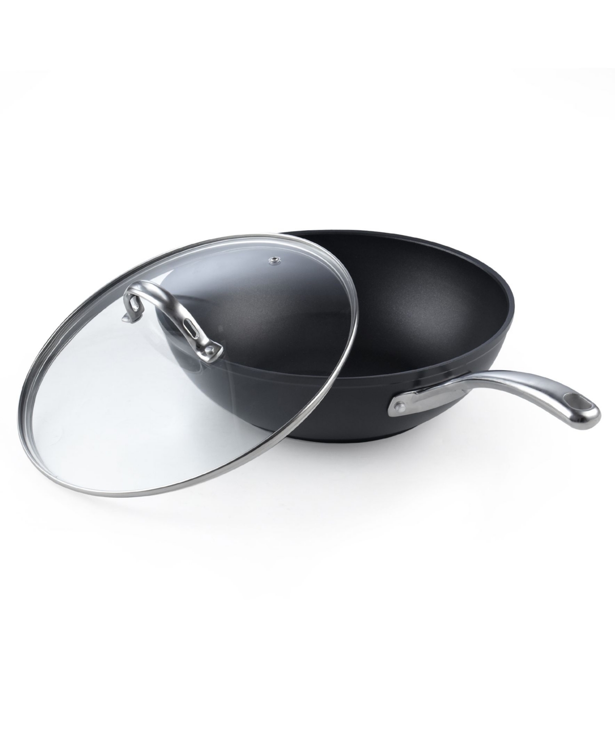 Cooks Standard 11-Inch Hard Anodized Nonstick Stir-Fry Wok Pan Deep Frying Pan with Glass Lid, Flat Bottom,- Black