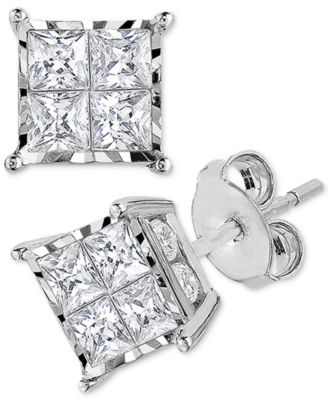 Diamond Princess Cluster Stud Earrings In 14k Gold