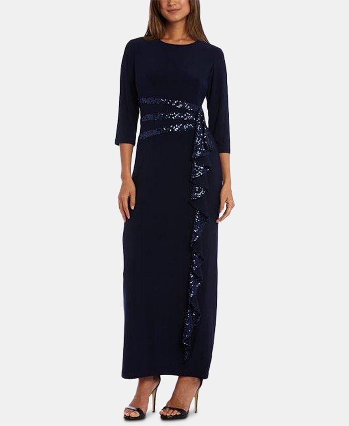 r&m richards embroidered sequin panel gown