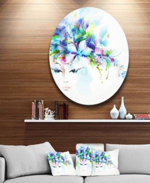 Design Art Designart 'woman With Blue Flowers' Floral Circle Metal Wall Art