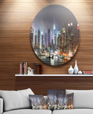 Design Art Designart 'Lit Nyc Manhattan Skyline' Cityscape Photo Circle ...