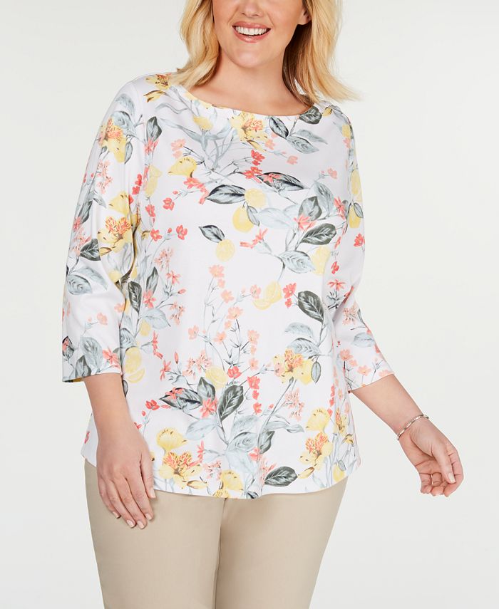 Women's Beige Plus Size Cotton Floral Printed Top - Miravan