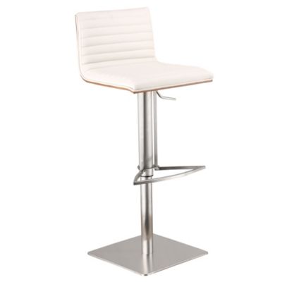 Caf&eacute; Adjustable Height Swivel Gray Artificial leather and Walnut Wood Bar Stool with Brushed Stainless Steel Base