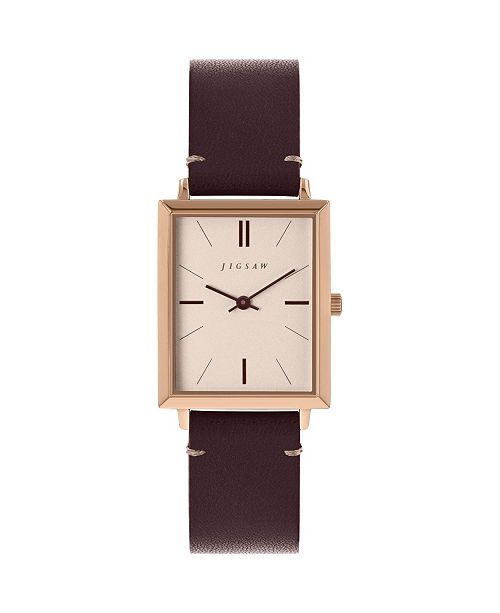 Jigsaw Ladies Watch Rectangular Rose Gold Stainless Steel Case Champagne Dial Genuine Leather Strap Reviews Watches Jewelry Watches Macy S