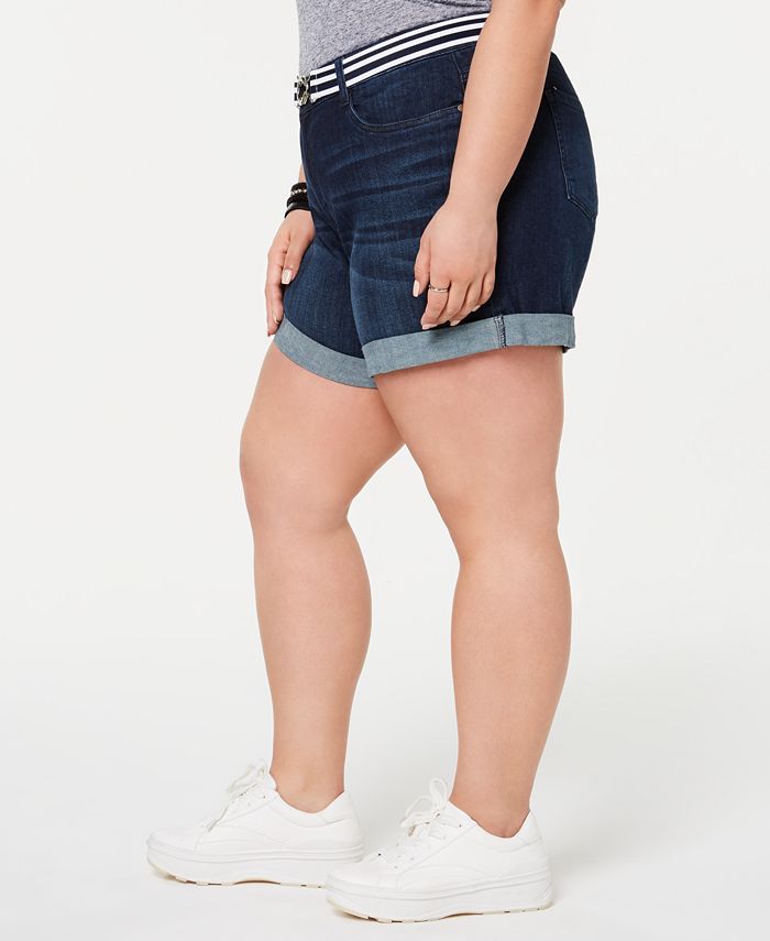 Dollhouse Women's Belted Cuffed Boyfriend Shorts - 5-Pocket Stretchy Denim Shorts