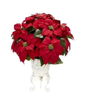 Nearly Natural Poinsettia W/Metal Planter Silk Flower Arrangement - Macy's