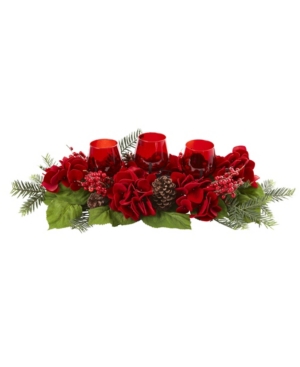 NEARLY NATURAL TRIPLE HYDRANGEA RED CANDELABRUM 