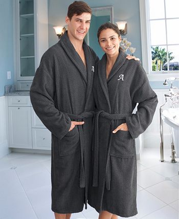 Linum Home - 100% Turkish Cotton Personalized Unisex Herringbone Bath Robe - Dark Gray