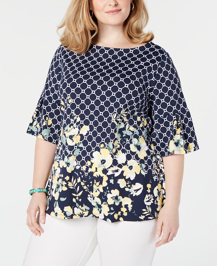 Charter Club Plus Size Printed Bell-Sleeve Top, Created for Macy's - Macy's