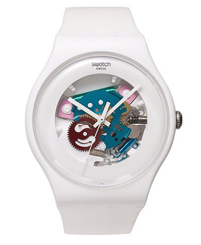 Swatch Watch, Unisex Swiss White Lacquered White Silicone Strap 41mm SUOW100