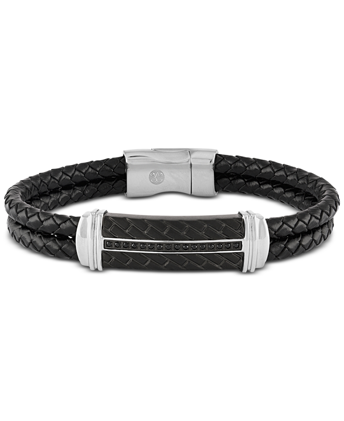 Esquire Men's Jewelry Diamond & Leather Bracelet in Stainless Steel &Ion-Plate, Created for Macy's - Black