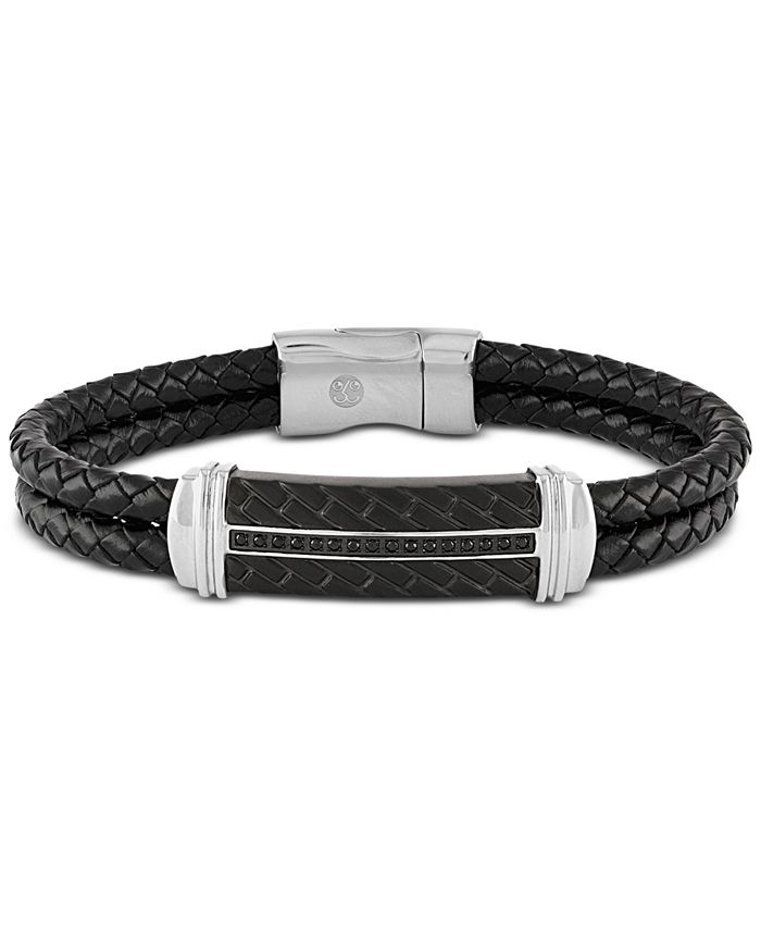Esquire Men's Jewelry - Diamond & Leather Bracelet in Stainless Steel & Black Ion-Plate