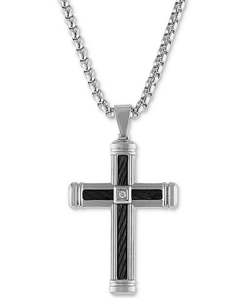 alfani Esquire Men's Jewelry Diamond Accent Cross 22" Pendant Necklace in Stainless Steel & Black Ion-Plate Created for Macy's Jewelry & Watches