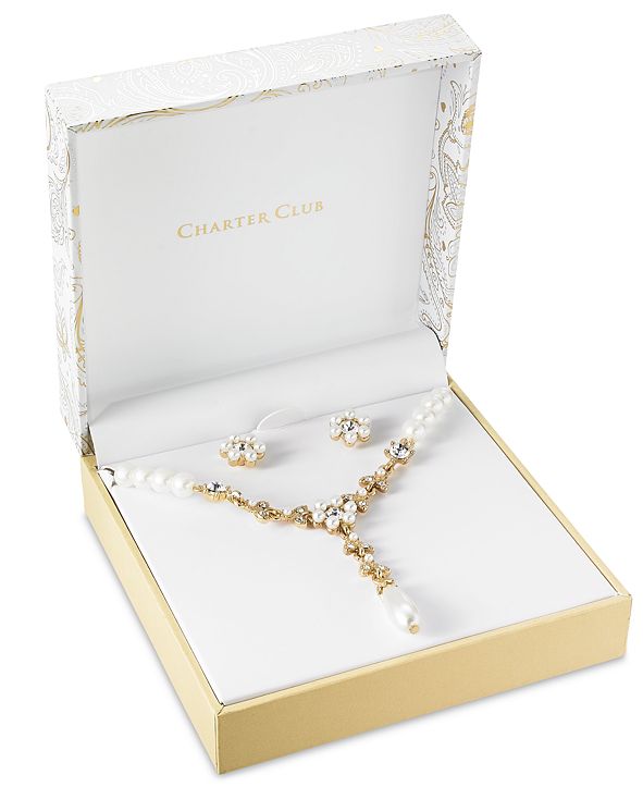 Charter Club GoldTone Crystal and Imitation Pearl Flower Lariat Necklace & Stud Earrings Set
