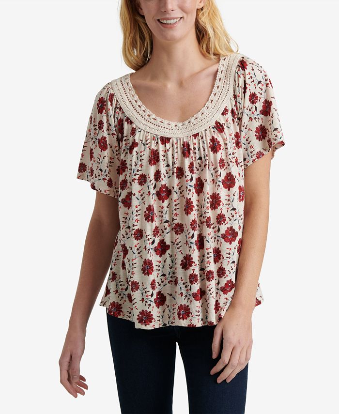 Lucky Brand CrochetNeck Printed Top & Reviews Tops Women Macy's