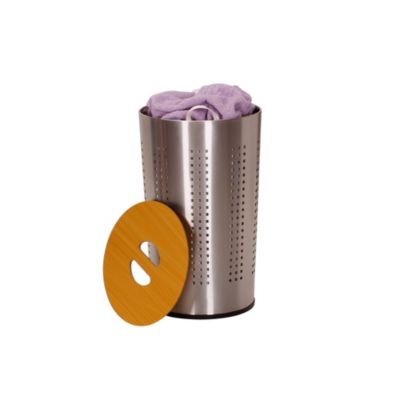 Round Metal Hamper with Engineered Wooden Lid, Stainless Steel
