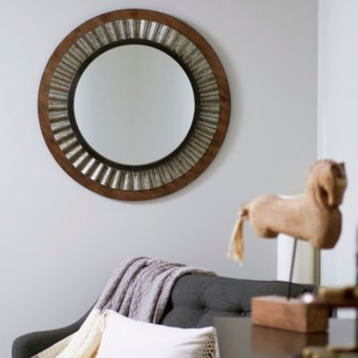 Wood Framed Sunburst Metal Mirror