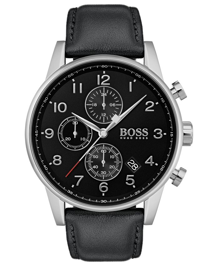 BOSS Men's Chronograph Navigator Black Leather Strap Watch 44mm - Macy's