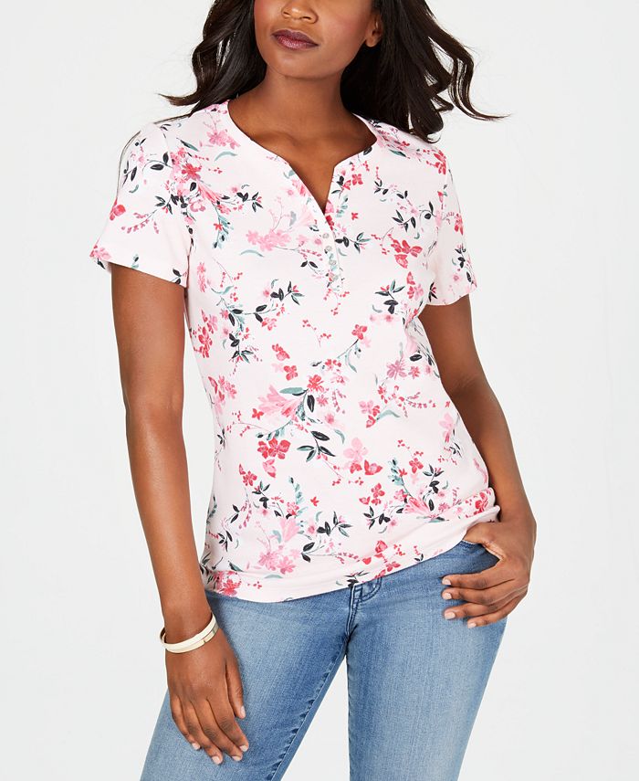 Karen Scott Floral-Print Short-Sleeve Henley Top, Created for Macy's ...