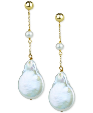 image of Cultured Freshwater (4-5mm) & Baroque Button Pearl (15mm) Drop Earrings in 14k Gold
