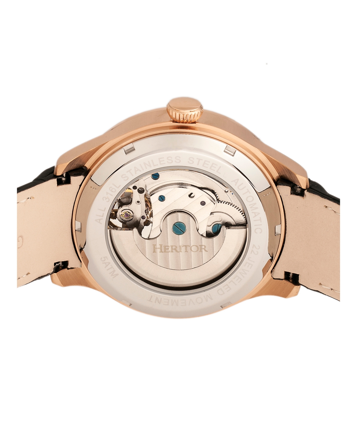 Heritor Automatic Gregory Rose Gold Case, GenuineLeather Watch 45mm - Black