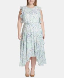 Plus Size Floral Chiffon Handkerchief-Hem Midi Dress 