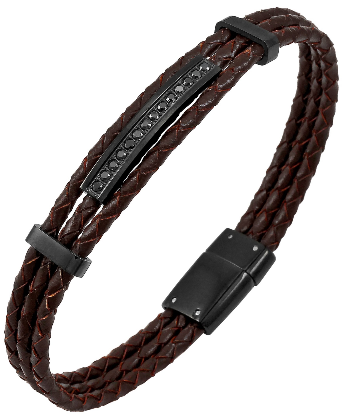 Sutton Stainless Steel And Braided Leather Bracelet With Cubic Zirconia Stations - Brown