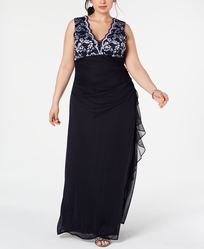 Betsy & Adam Plus Size Lace-Top Ruffled Gown - Macy's