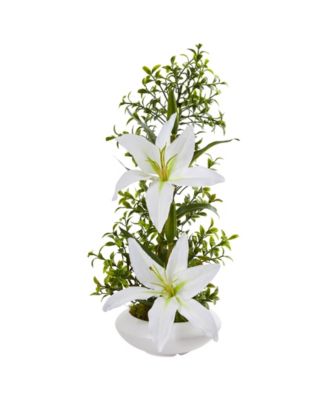 Nearly Natural - Lily and Boxwood Artificial Arrangement in White Planter