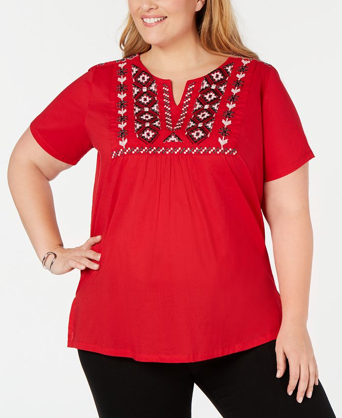 NY Collection Plus Size Embroidered Split-Neck Cotton Top - Macy's