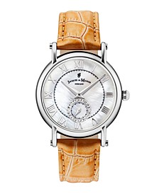 Jacques Du Manoir Ladies' Orange Genuine Leather Strap with Stainless Steel Case with Mother of Pearl Dial and Diamond Sub Dial, 36mm